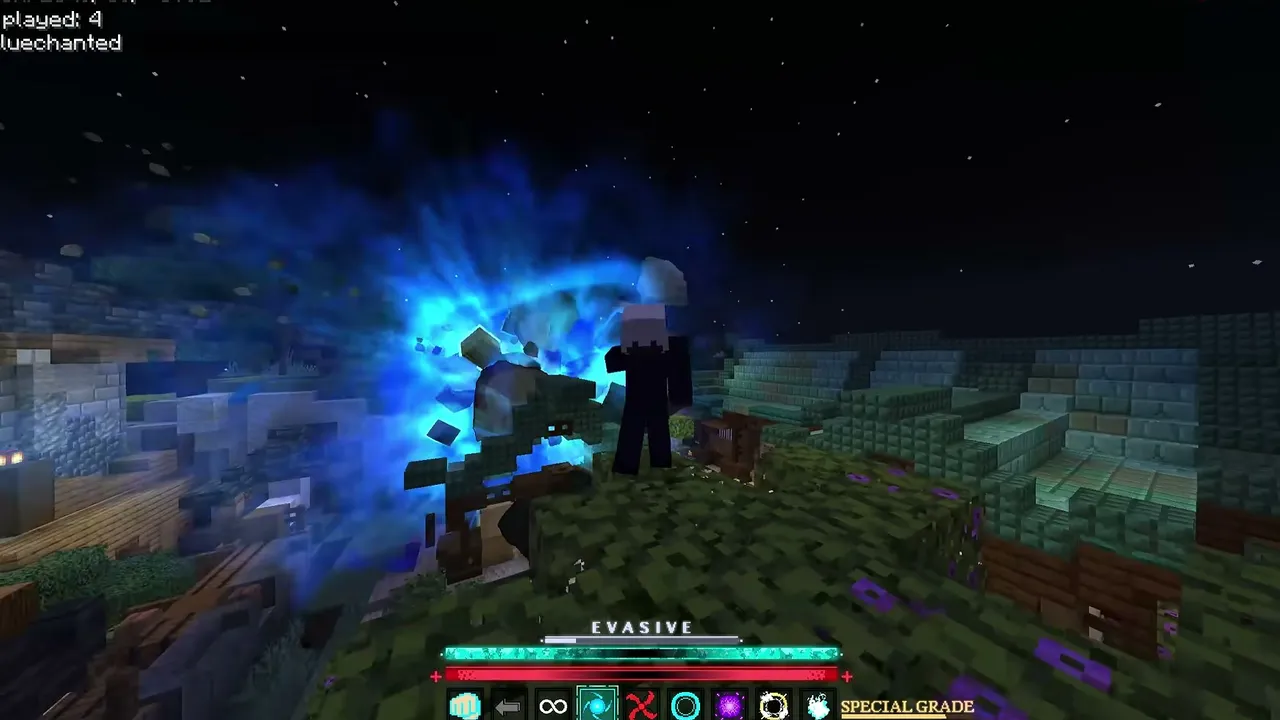 Jujutsu Awakening Lock-On Addon: Player using evasive skill with blue energy effect