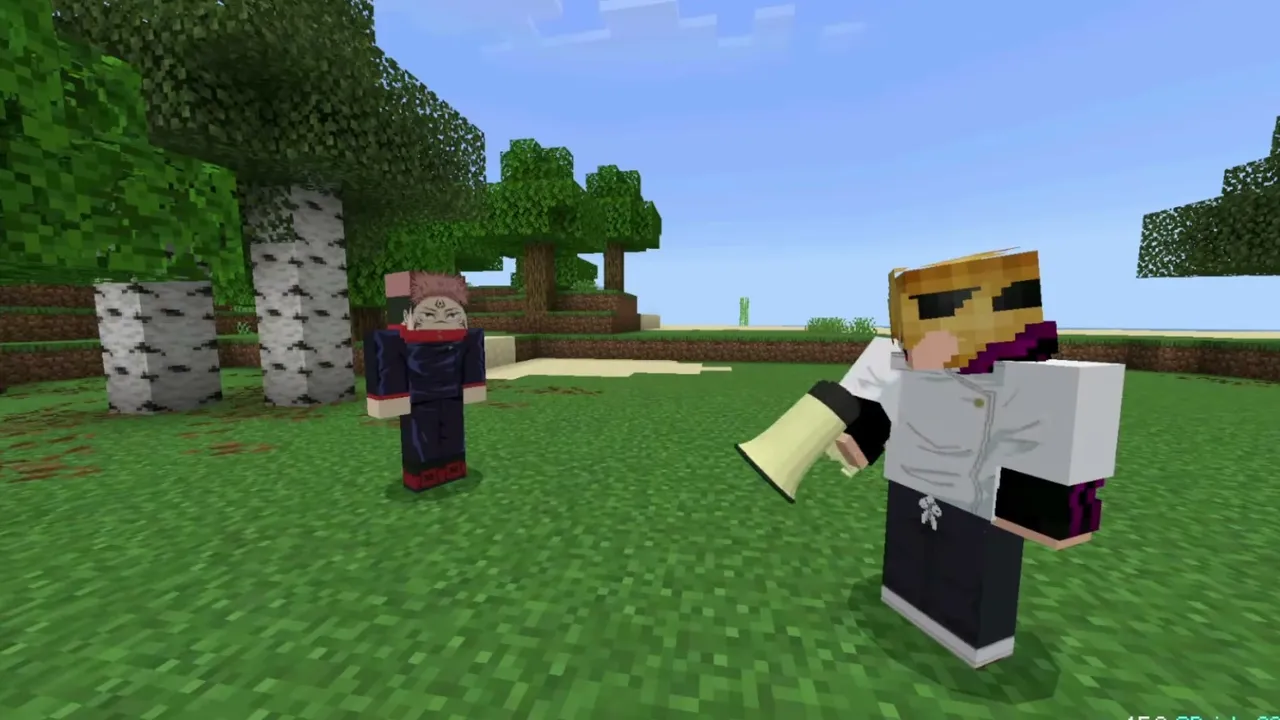 Jujutsu Kaisen Addon: Projection Sorcery addon for Minecraft PE: Two characters in a grassy field with trees