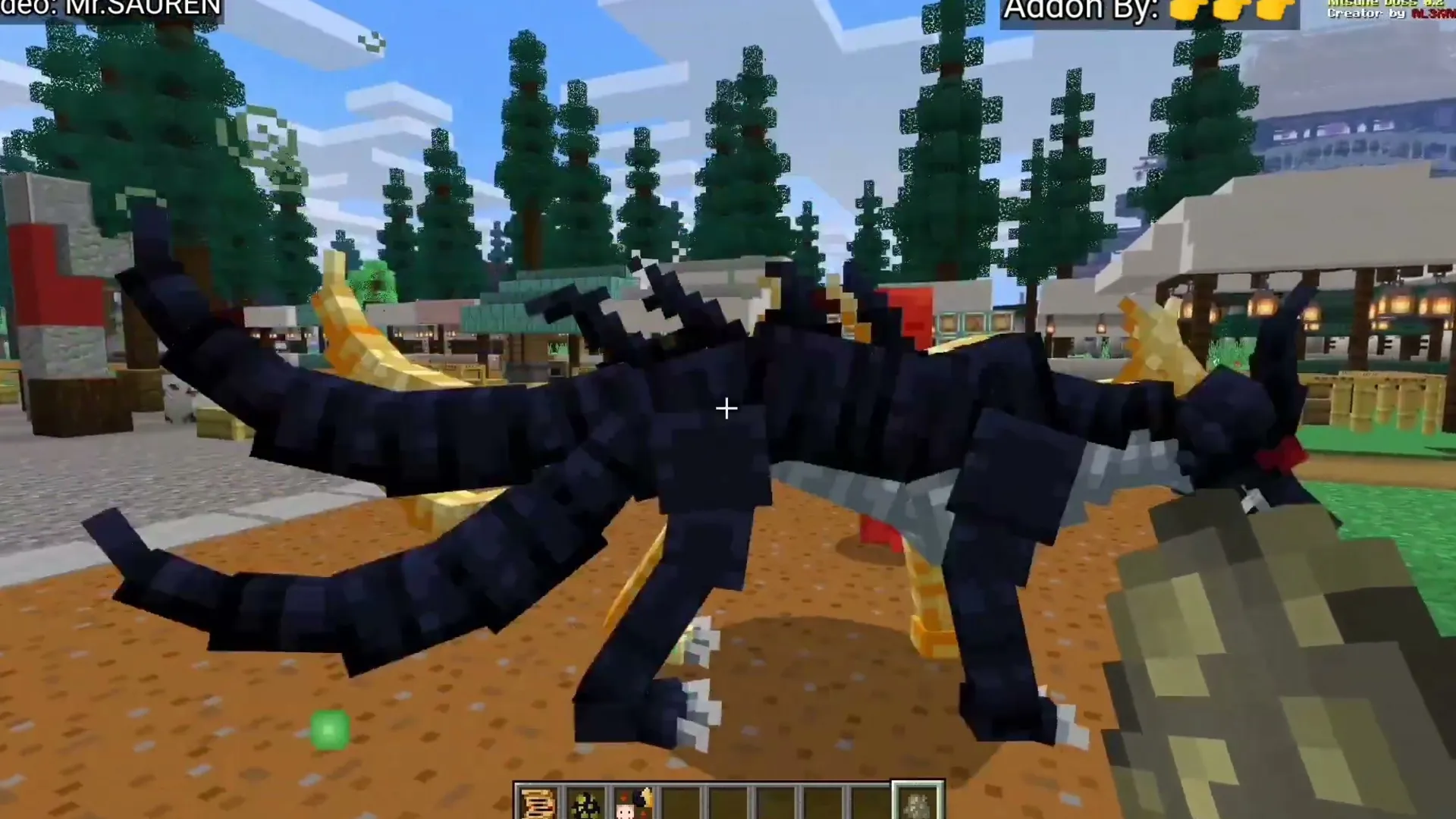 Kitsune Boss addon: Black fox-like creature in a village
