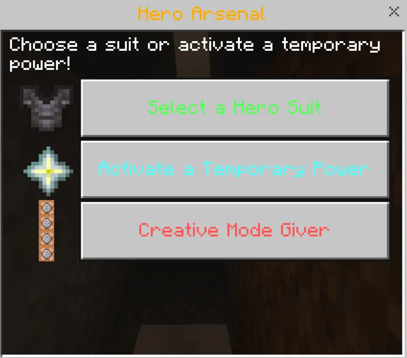 Marvel & Dc Superhero's addon: Hero Arsenal menu with options