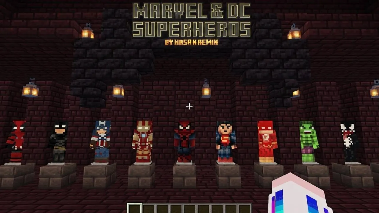 Marvel & Dc Superhero's addon for Minecraft PE: Superheroes in a stone room