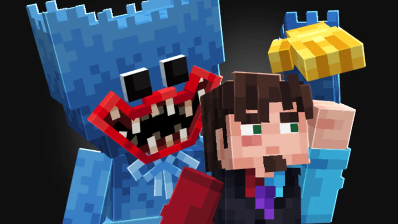 Me Poppy Playtime addon: Blue monster with red mouth holding a boy