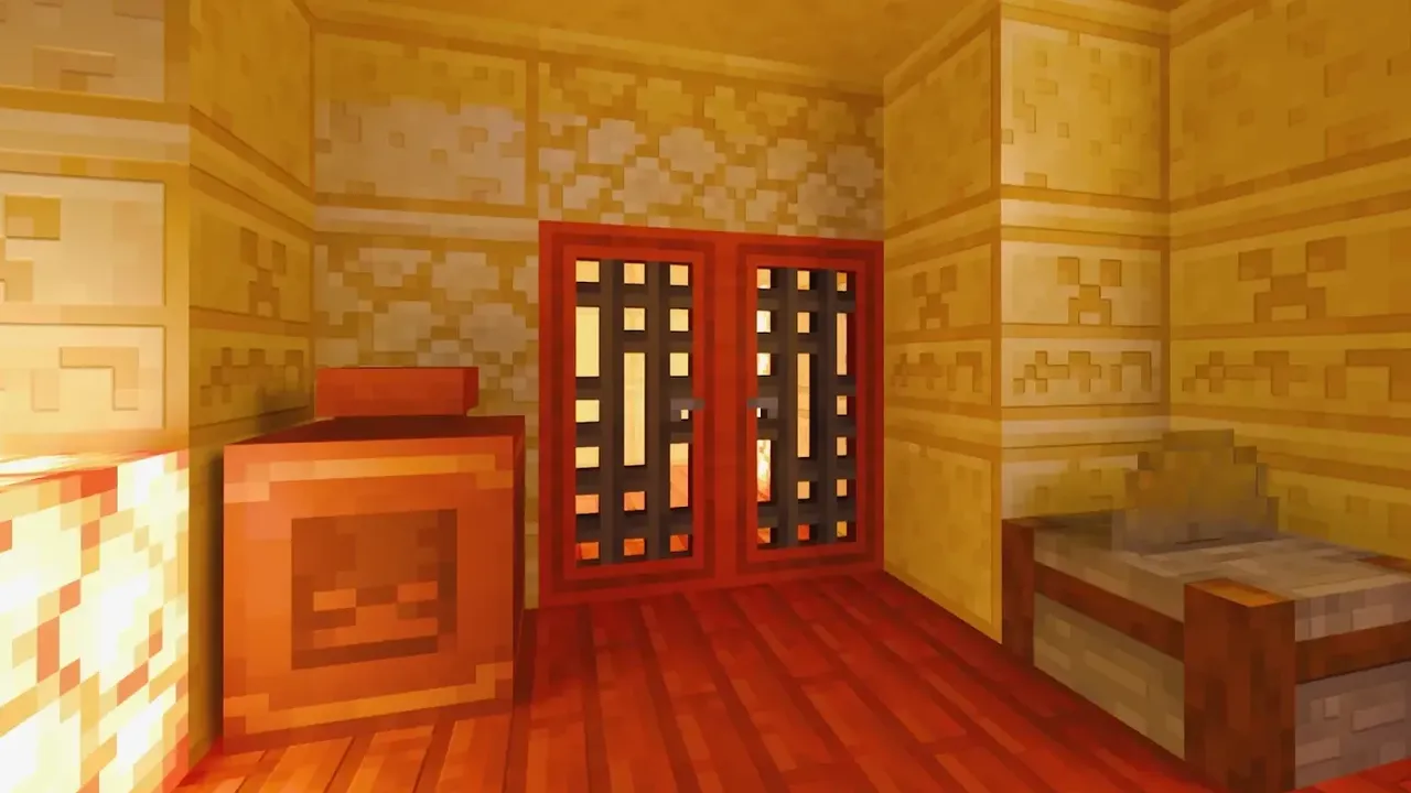 Modern Doors & Locks Add-On: Red door in wooden room with bed and furnace