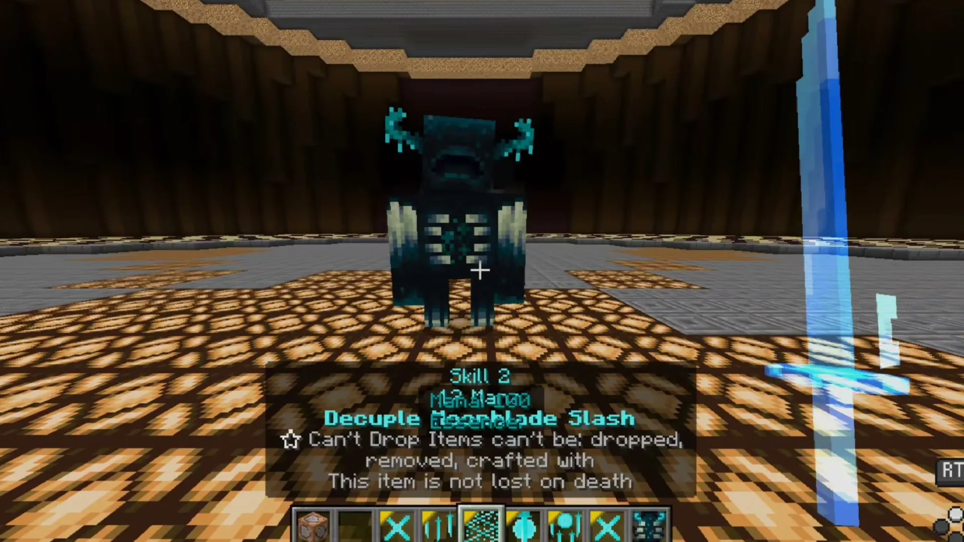 Moonblade Magic addon for Minecraft PE: Player holding moonblade sword facing a boss