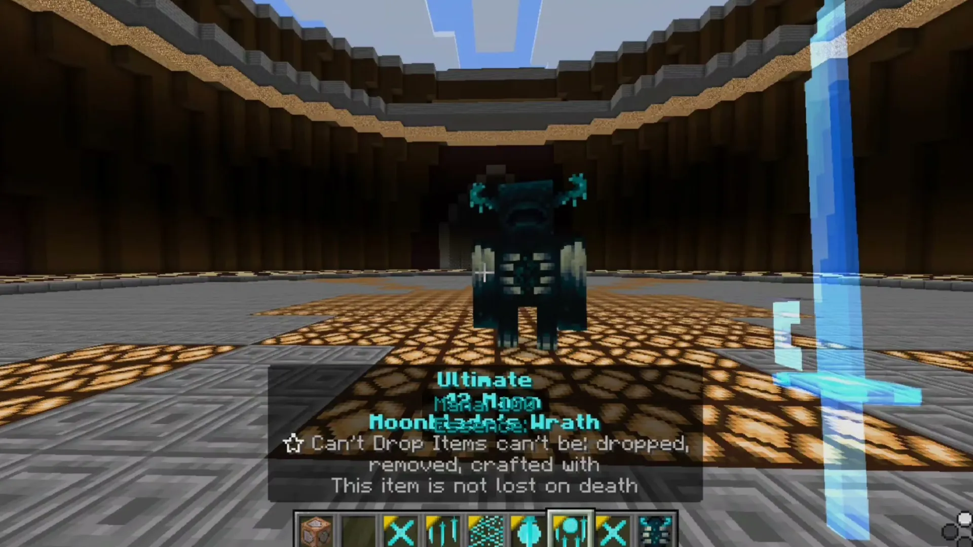 Moonblade Magic addon: Player holds glowing sword in arena
