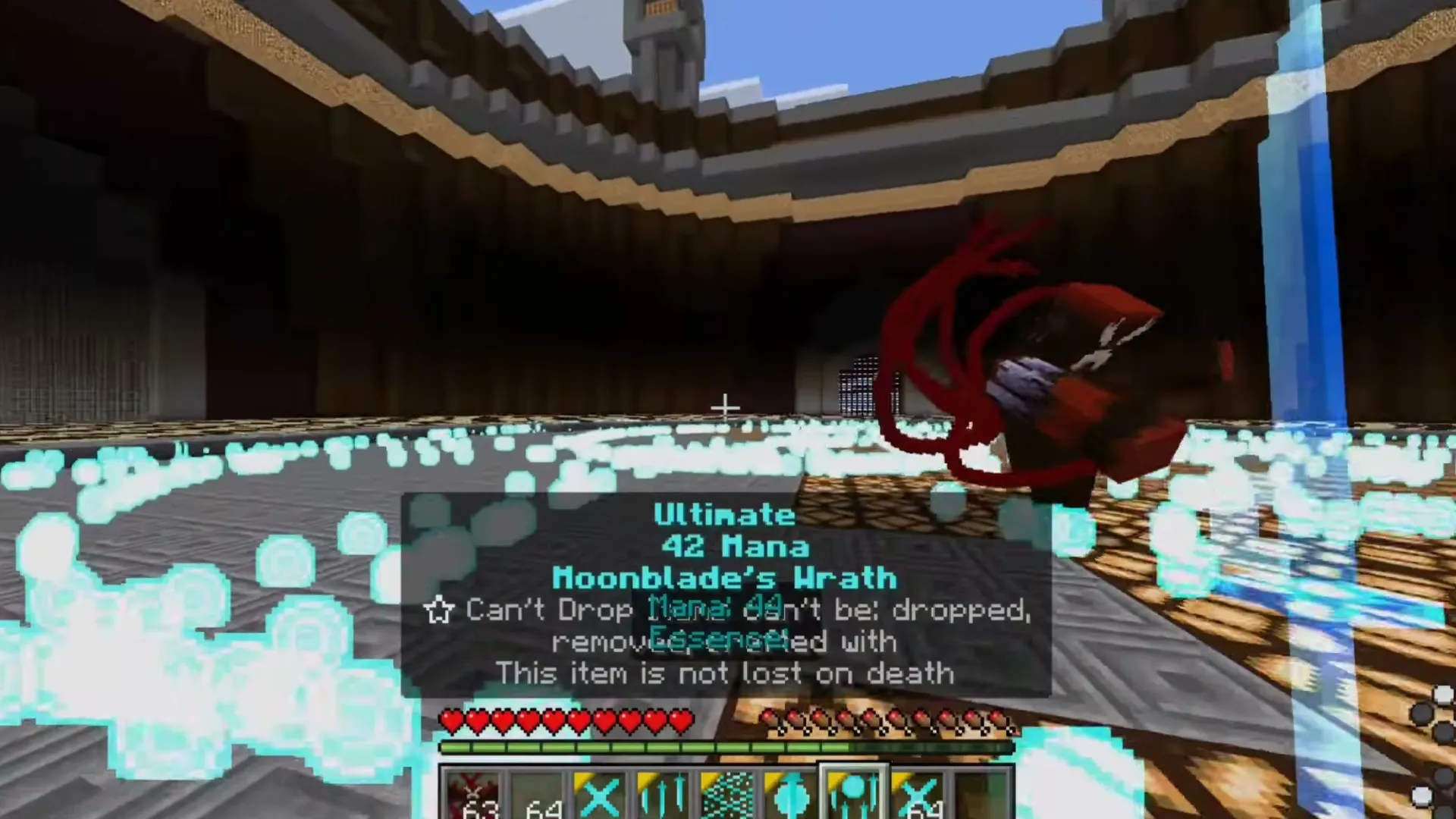 Moonblade Magic addon: Player holding Moonblade's Wrath in a glowing arena