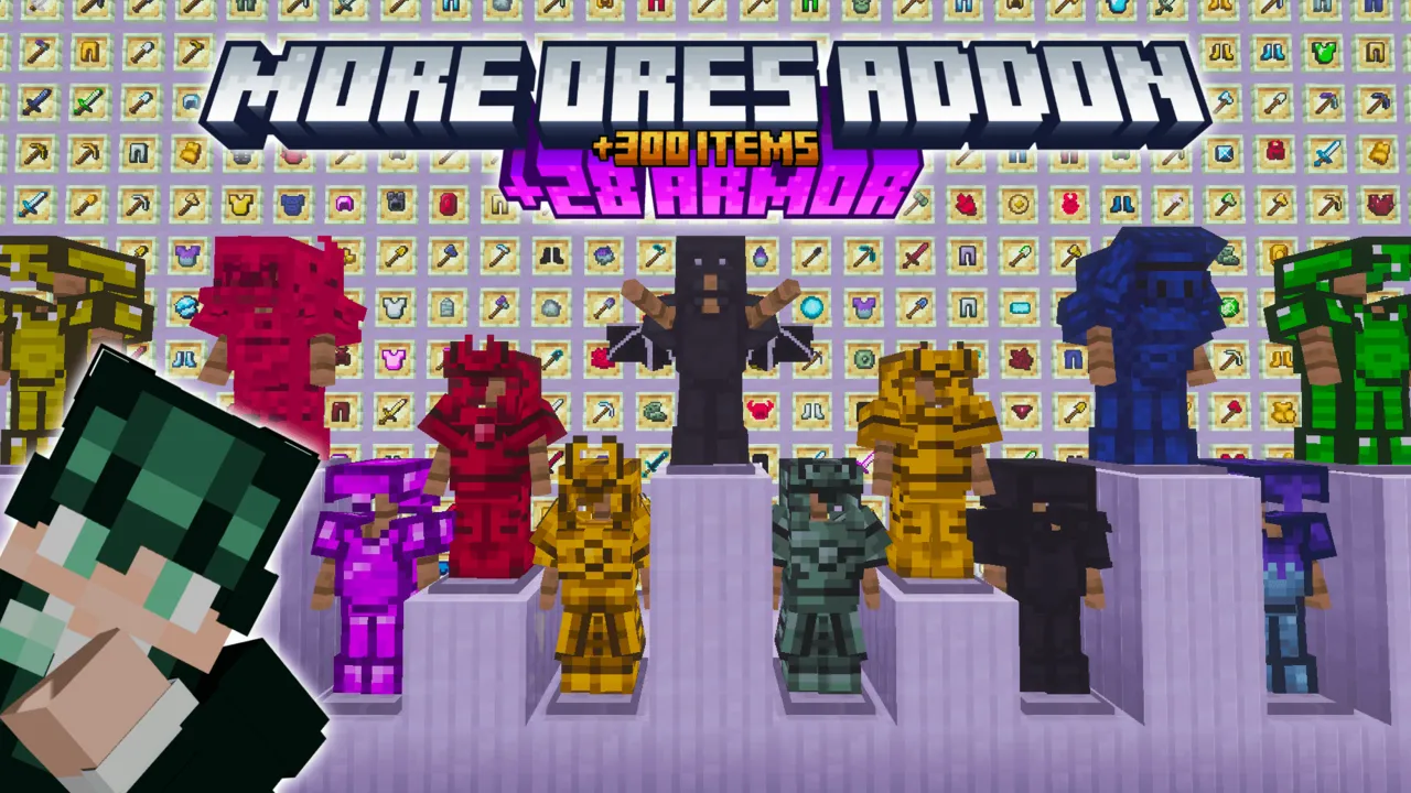 More Ores addon for Minecraft PE: Armor sets on display with ores behind