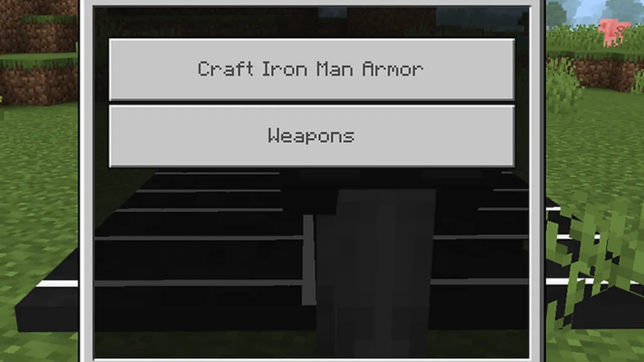 Mr. Nido's Iron Man Project addon: Menu with buttons for crafting armor and weapons