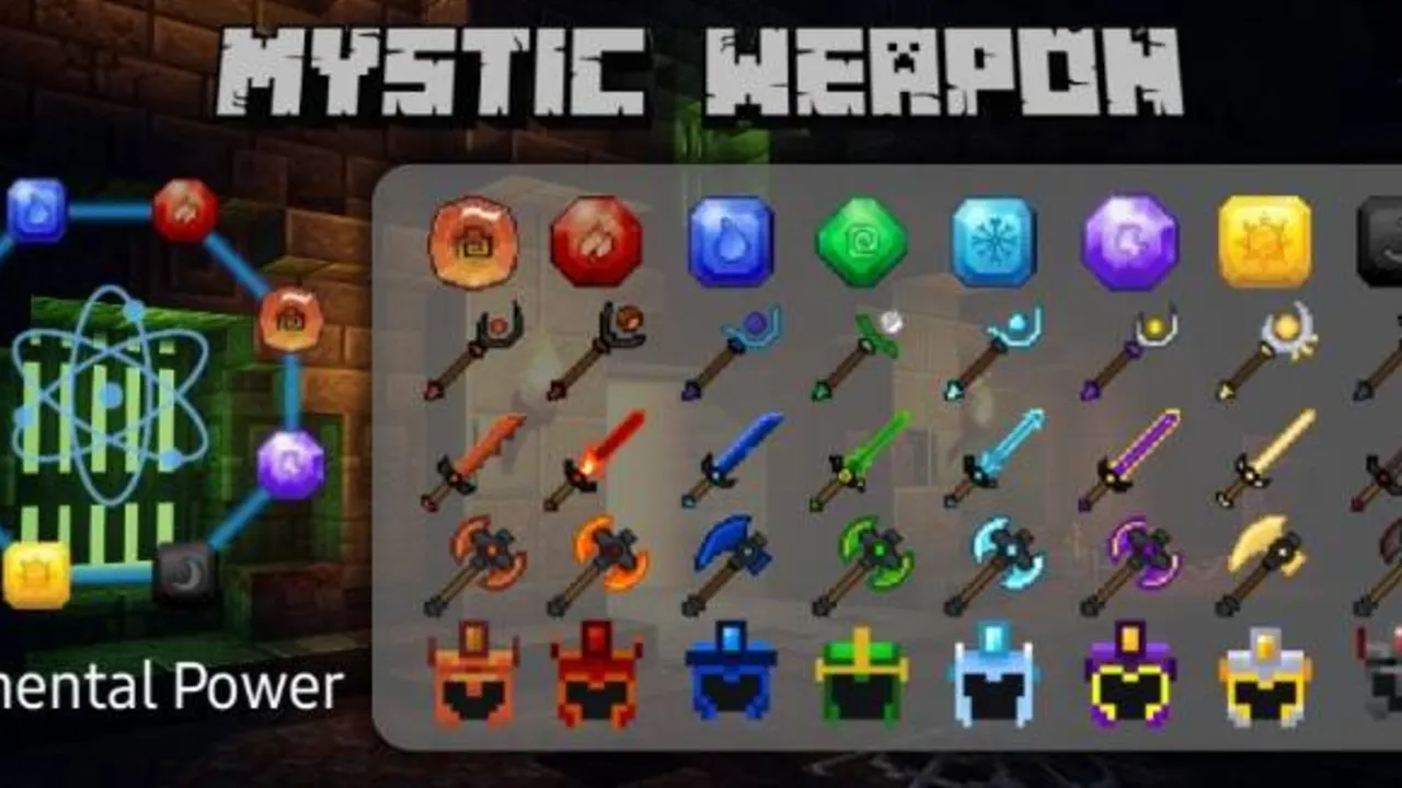 Mystic Weapon addon for Minecraft PE: Eight element weapons and armor