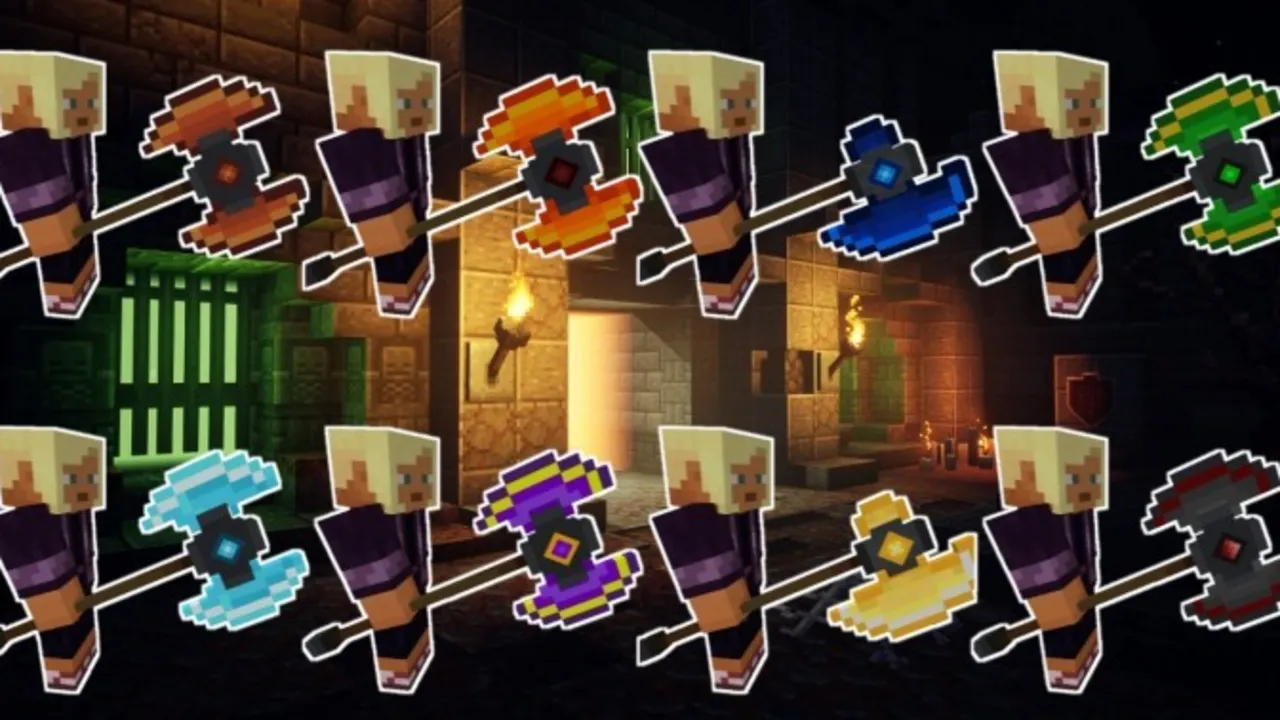 Mystic Weapon addon: Eight elemental weapons held by a player