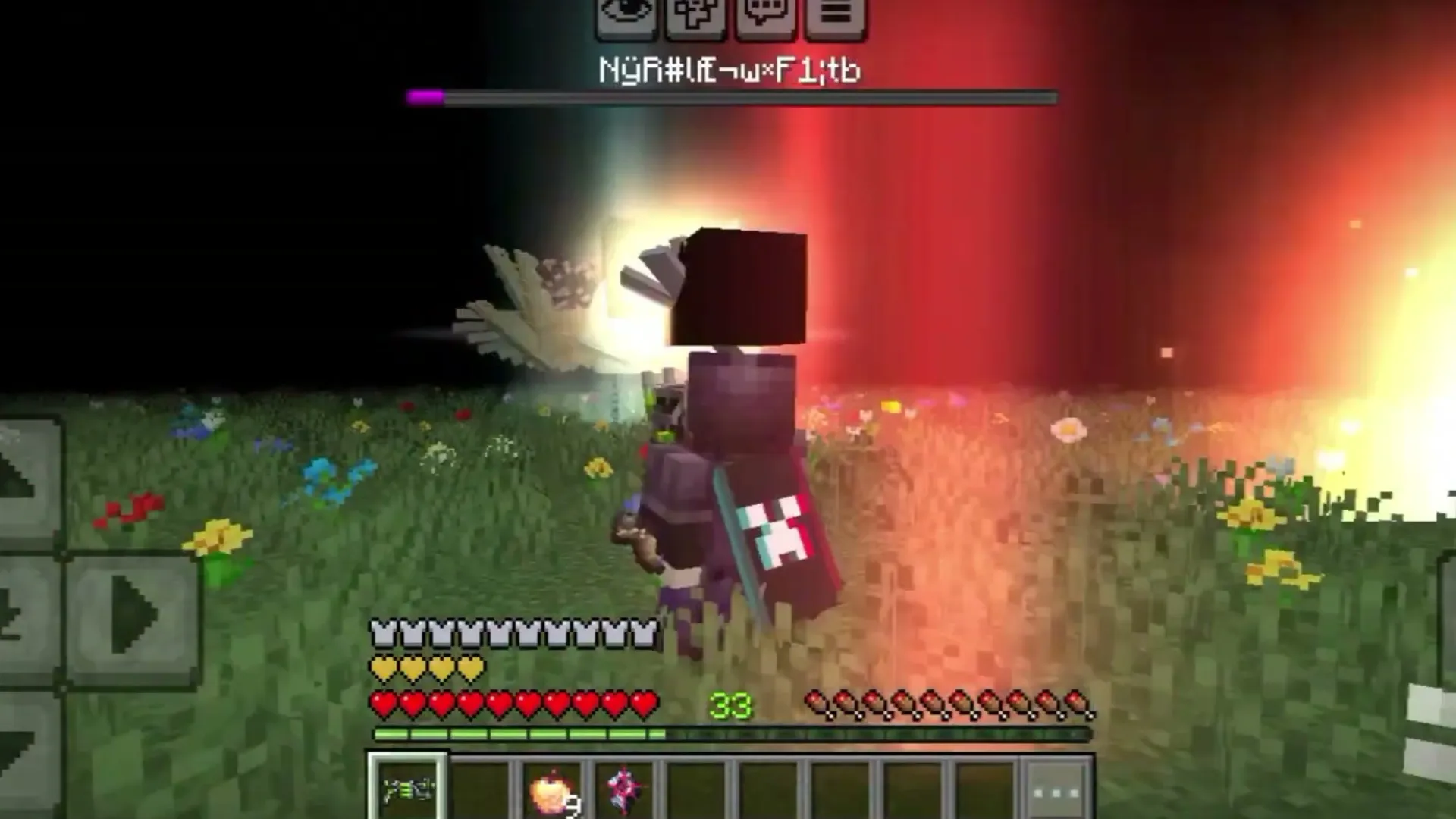 Nameless Deity Boss addon: Player holding shield in grassy field