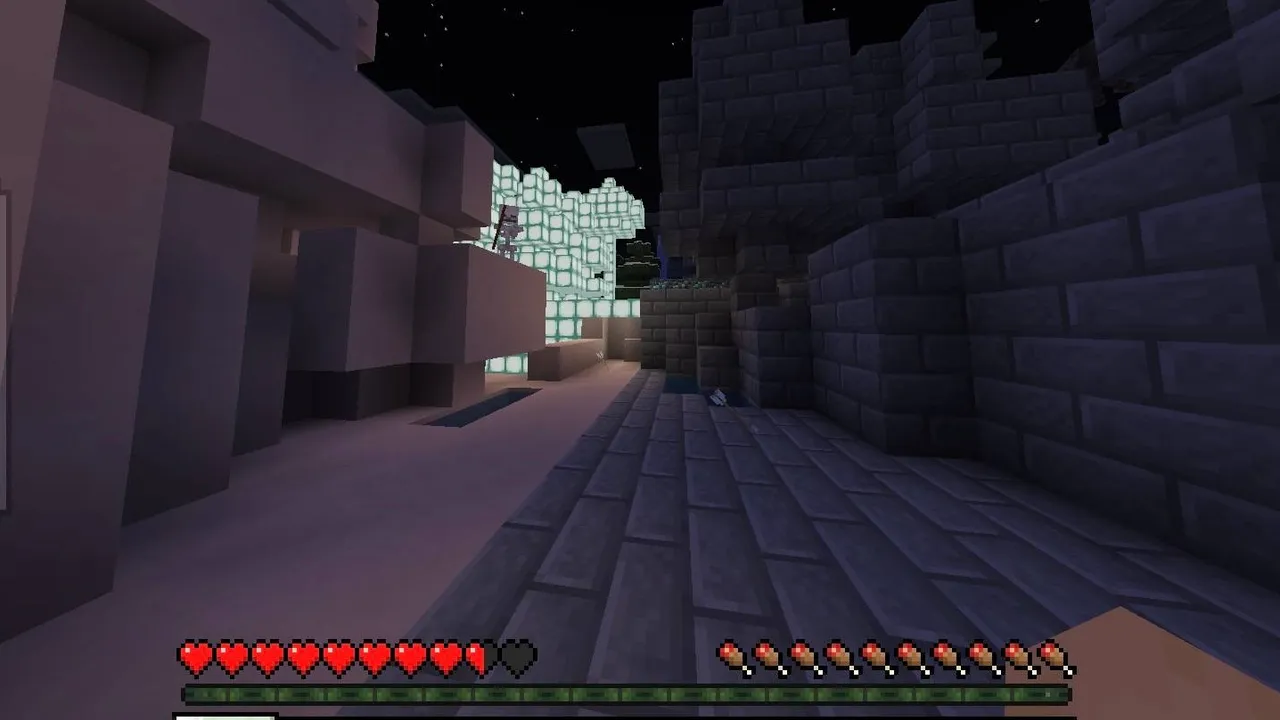 Performant Random Chunk addon: a night-time area built from random stone brick and purpur chunks