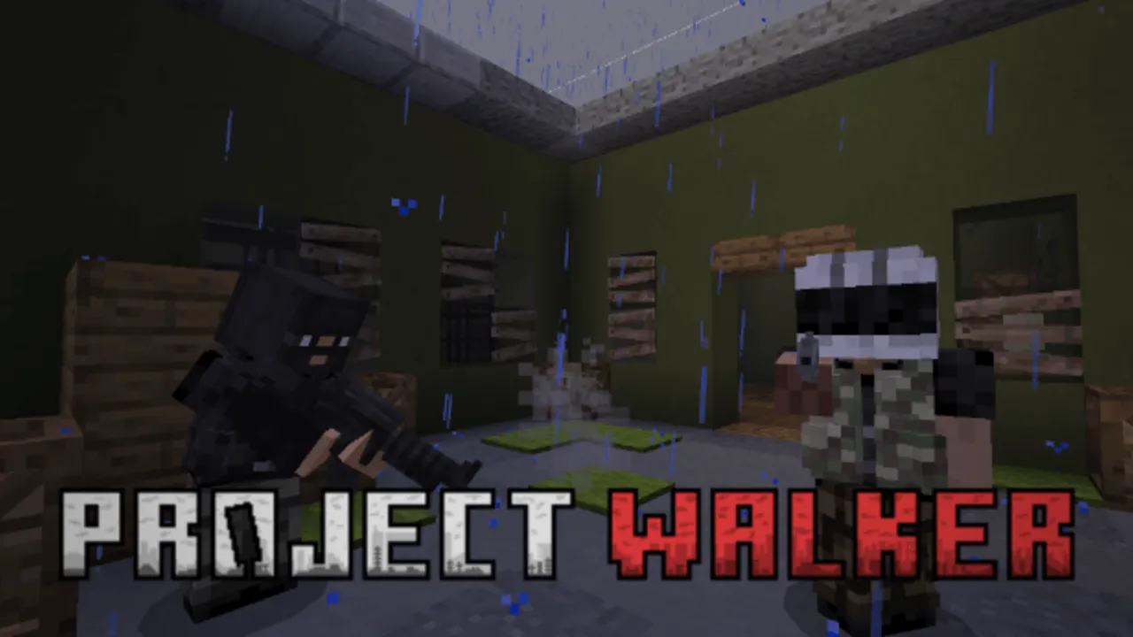 Project Walker addon for Minecraft PE: Two characters in a rainy room