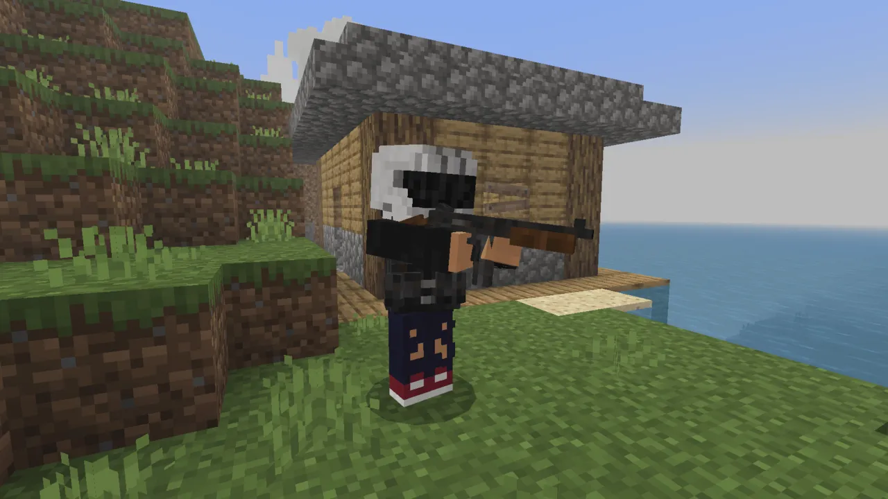 Project Walker addon: Player holding rifle near wooden house by ocean