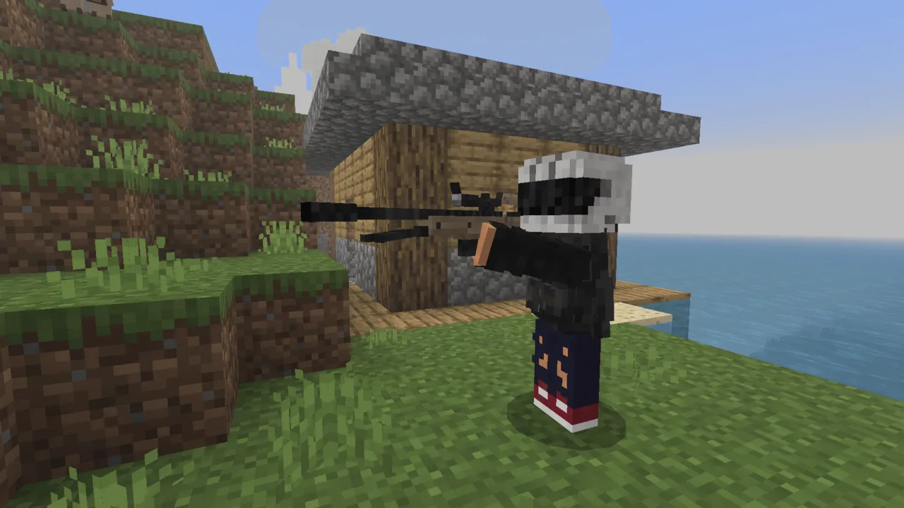 Project Walker addon: Player aiming rifle near wooden house by ocean