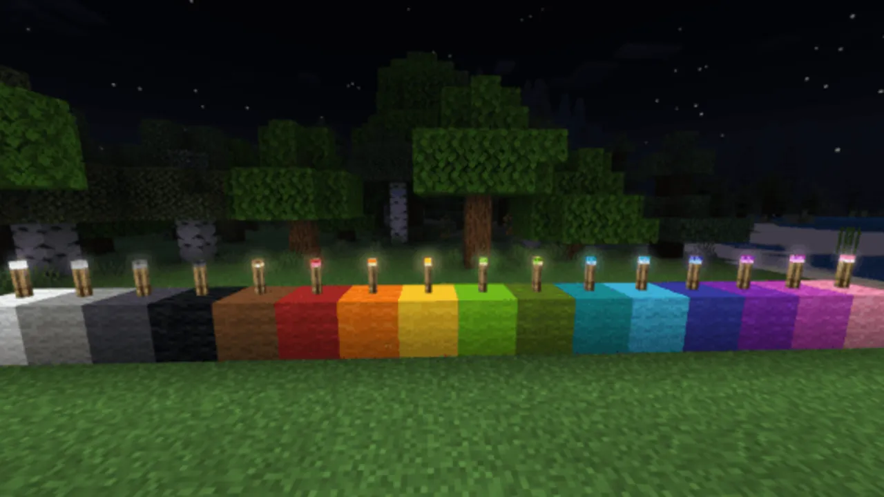 Raiyon's Dynamic Lightning addon: Added 16 new torch variants, one for each dye color