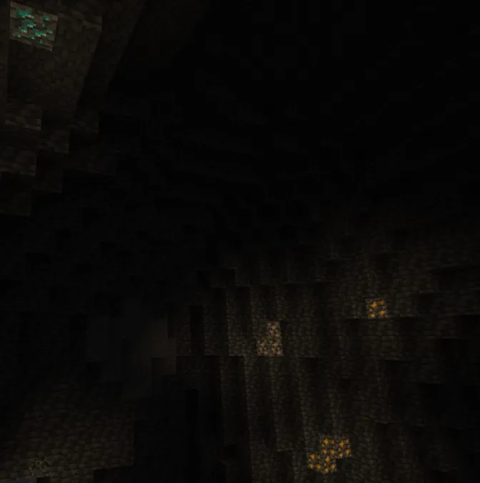 Raiyon's Glowing Ores addon for Minecraft PE: Glowing ores in a dark cave