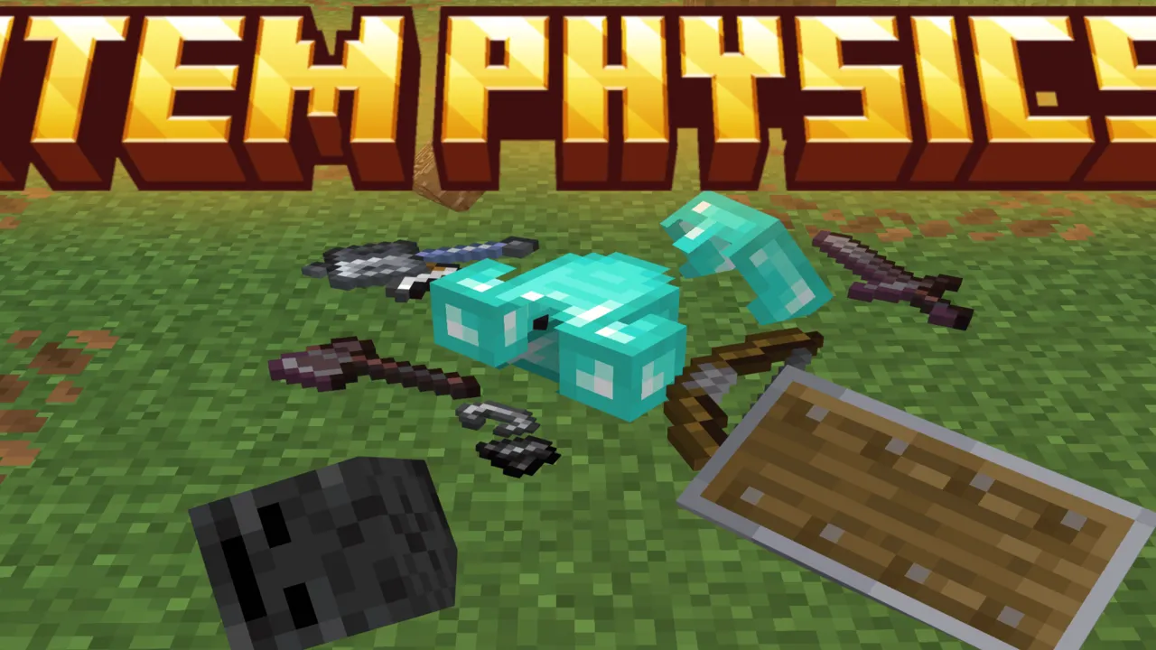 Raiyon's Item Physics addon for Minecraft PE: Items scattered on grass with "ITEM PHYSICS" text