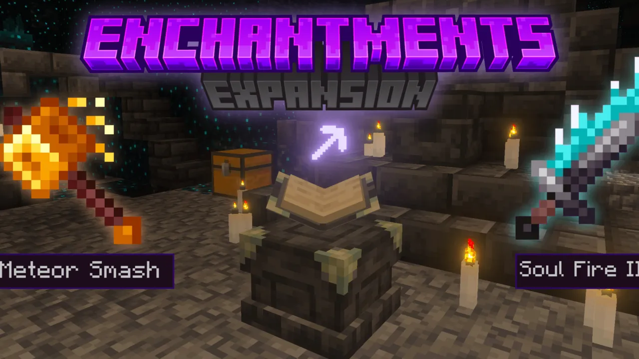 Raiyon's More Enchantments addon for Minecraft PE: Enchantments table with glowing sword and hammer