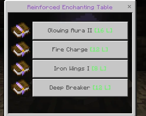 Raiyon's More Enchantments addon: Reinforced Enchanting Table with four enchantments listed