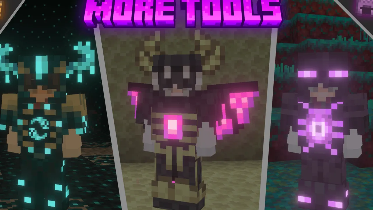 Raiyon's More Vanilla Tools addon for Minecraft PE: Three glowing armor sets in a cave