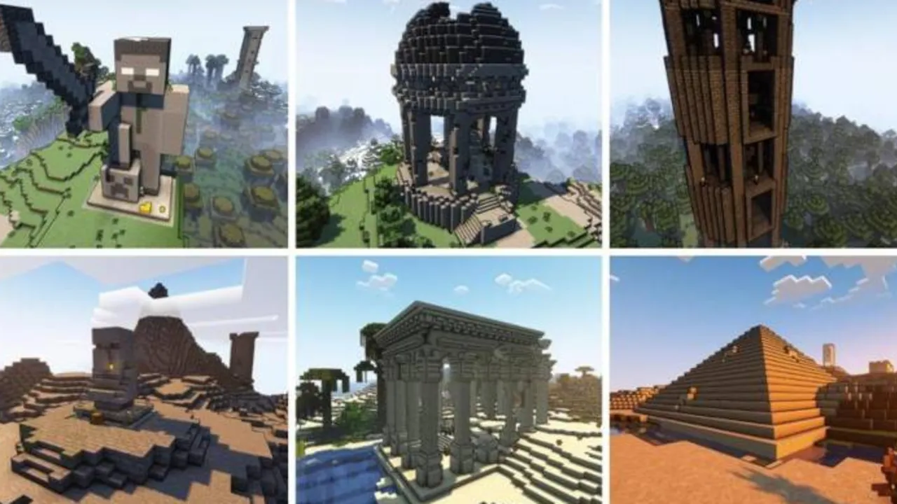 Red’s More Structures addon for Minecraft PE: Giant statues towers pyramids in different biomes