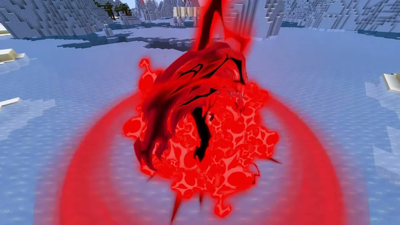Regular Weapons Addon for Minecraft PE: Red glowing entity in snowy landscape