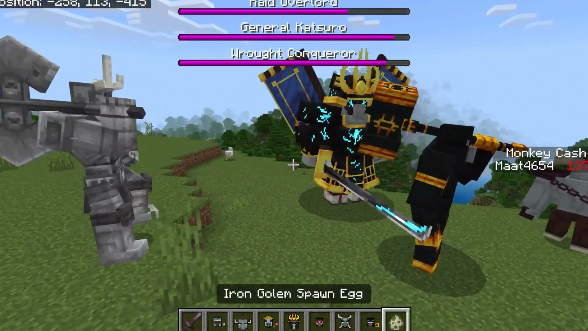 Revenge Rampage addon for Minecraft PE: Player with sword and shield facing iron golem