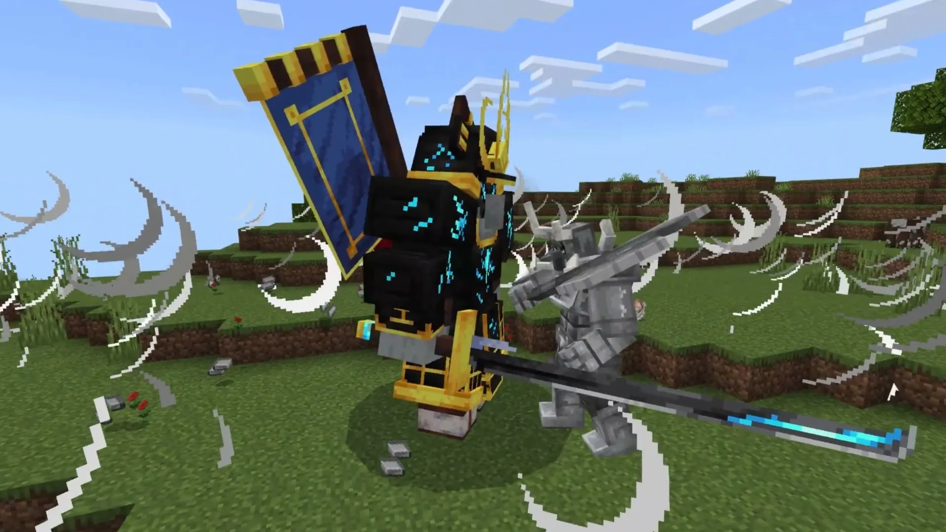 Revenge Rampage addon: Player with shield and sword fighting