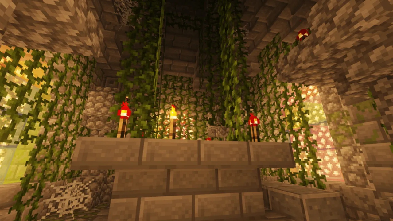 Ruins Structure addon: Stone platform with hanging vines and torches
