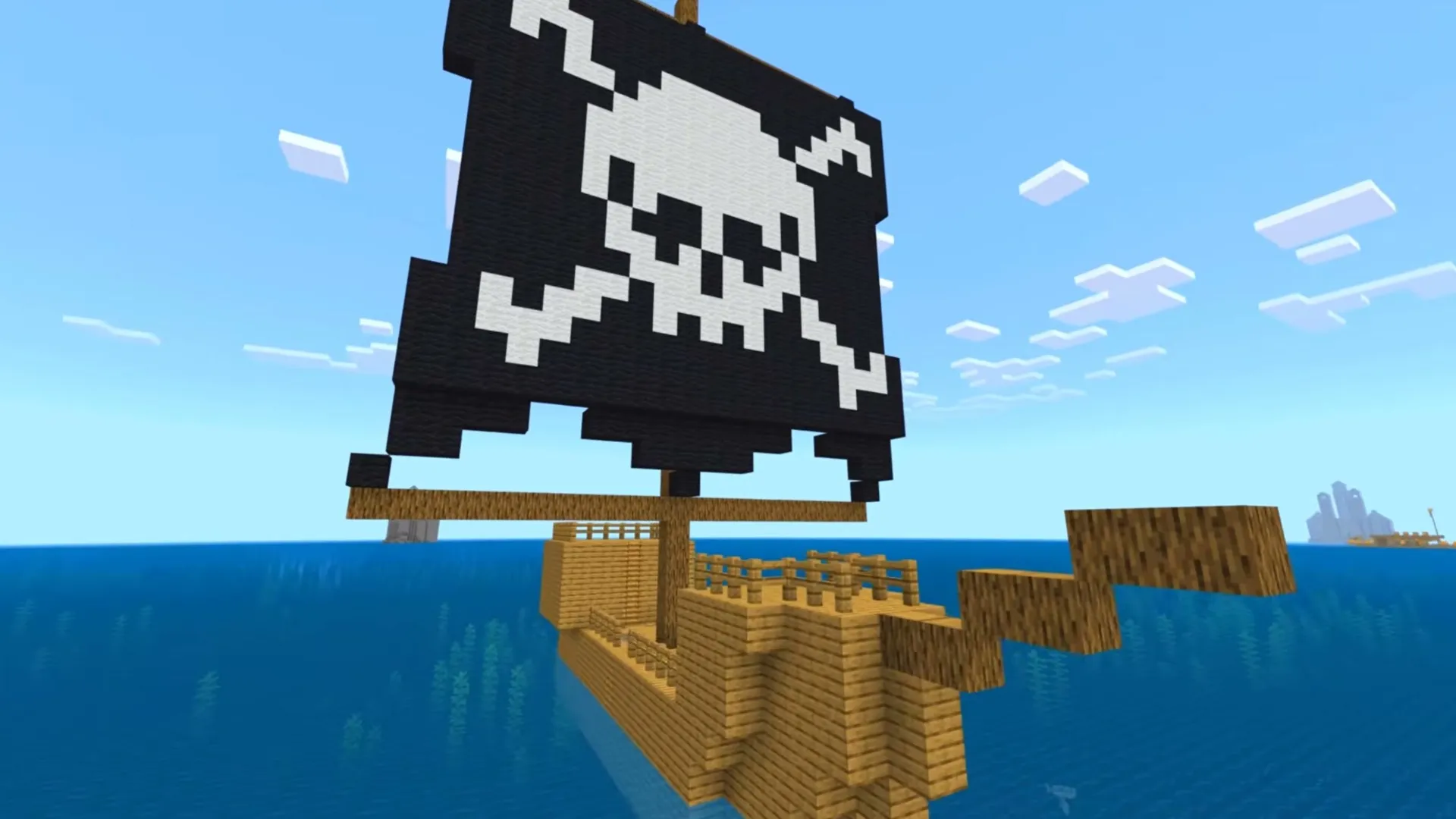 Ruins addon: Pirate ship with skull flag on ocean