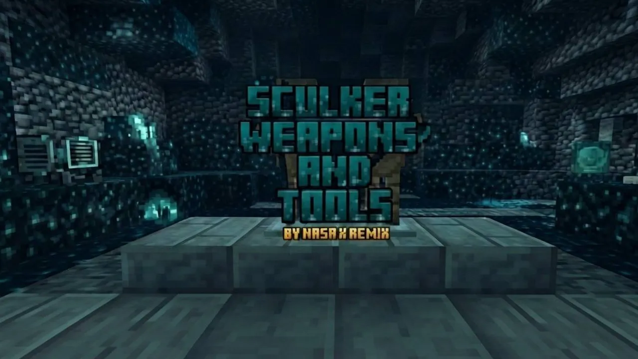 Sculker weapons and tools addon: Dark cave with glowing blocks and text