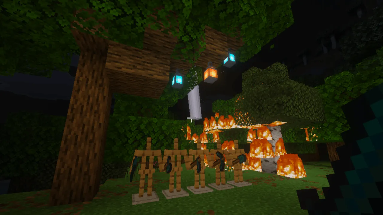 Sculker weapons and tools addon: Trees with hanging lanterns and fire below