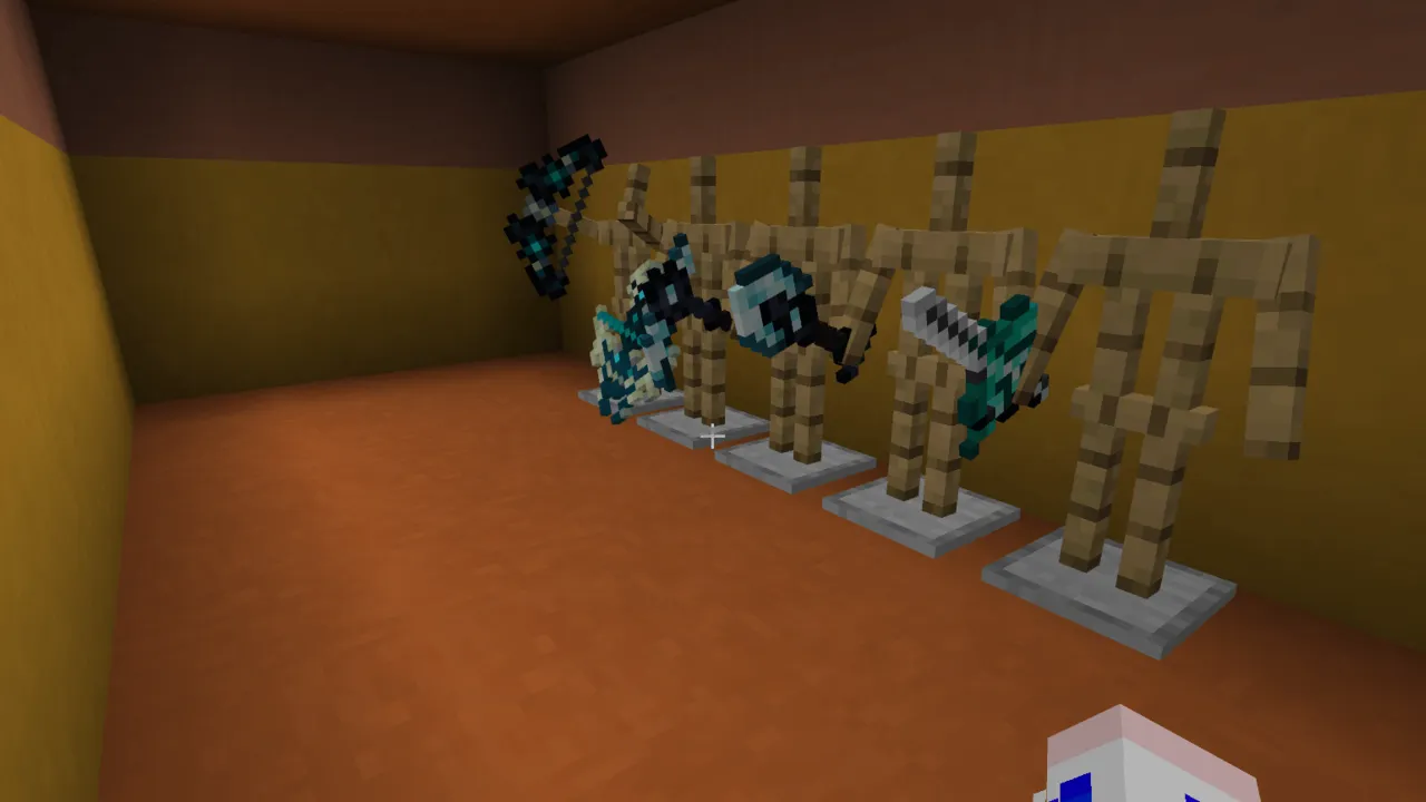 Sculker weapons and tools addon for Minecraft PE: Weapons on display in a room