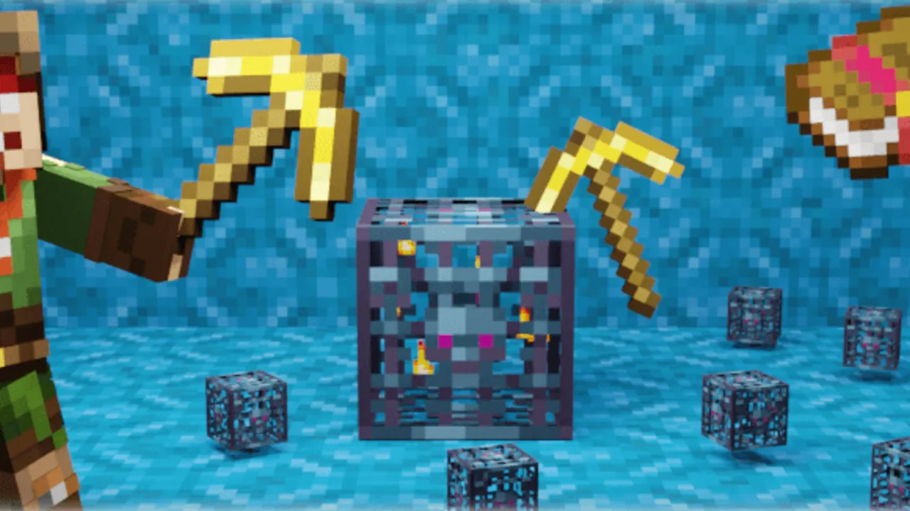 Silk Touch Spawners addon for Minecraft PE: Player holding pickaxe near spawner blocks
