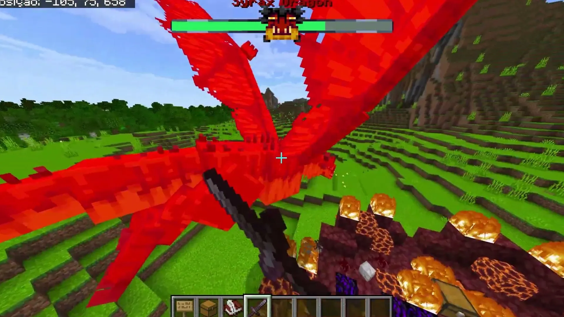 Skyveil Wyverns addon for Minecraft PE: Red dragon flying over grassy hills