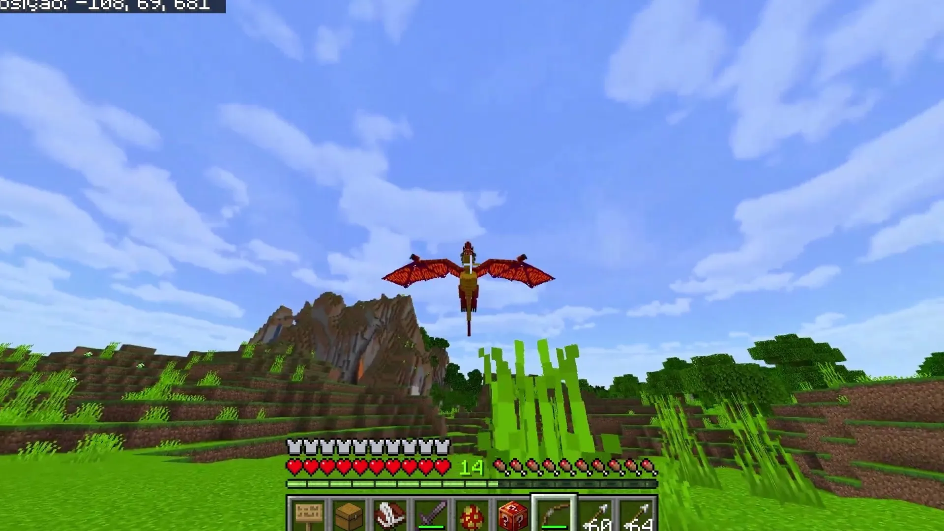Skyveil Wyverns addon: Red wyvern flying over grassy hills