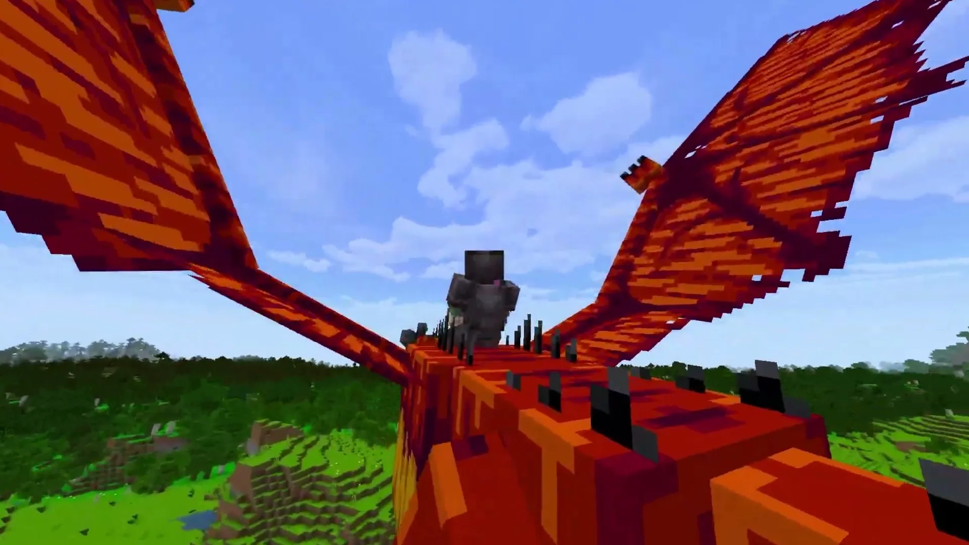 Skyveil Wyverns addon: Player riding a red wyvern over green land