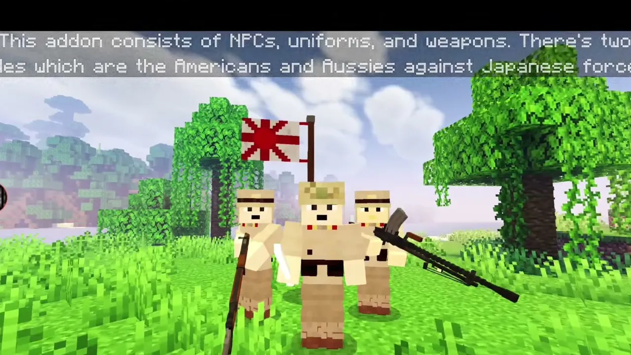 SpaghettiJet's Pacific Front WW2 Addon for Minecraft PE: Three soldiers holding guns with flag