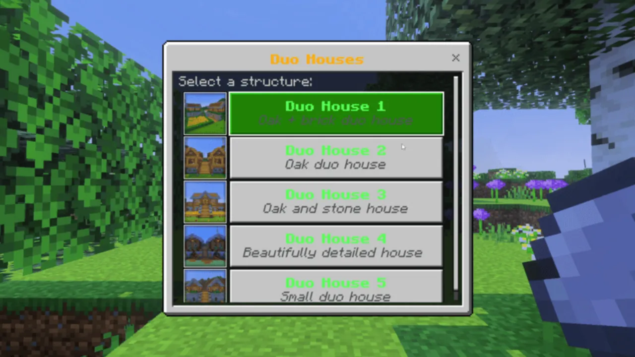Structures In Just One Click addon: House selection menu in game