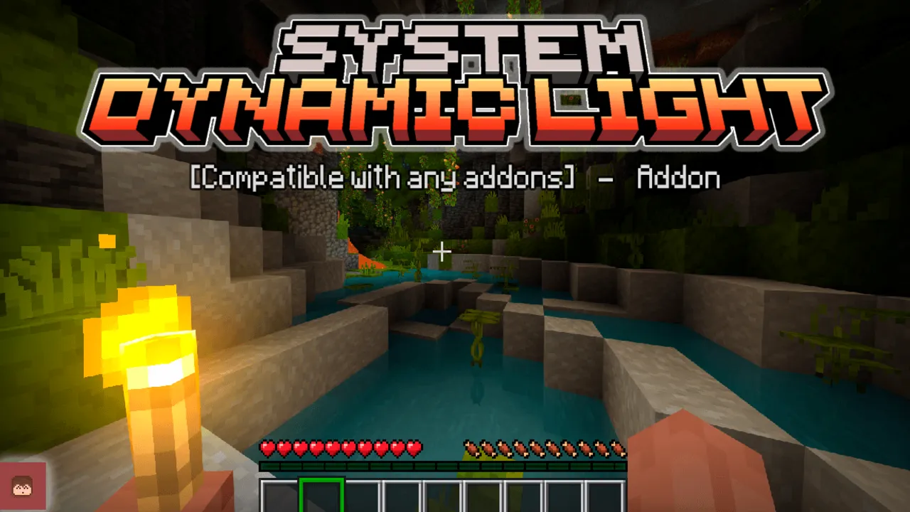 System Dynamic Light addon for Minecraft PE: Player holding glowing light in cave