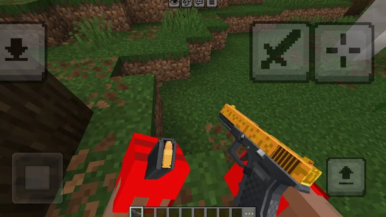 TACZ mod TRANSLATED EDITION + skin pack addon: Player holds golden gun in grassy area