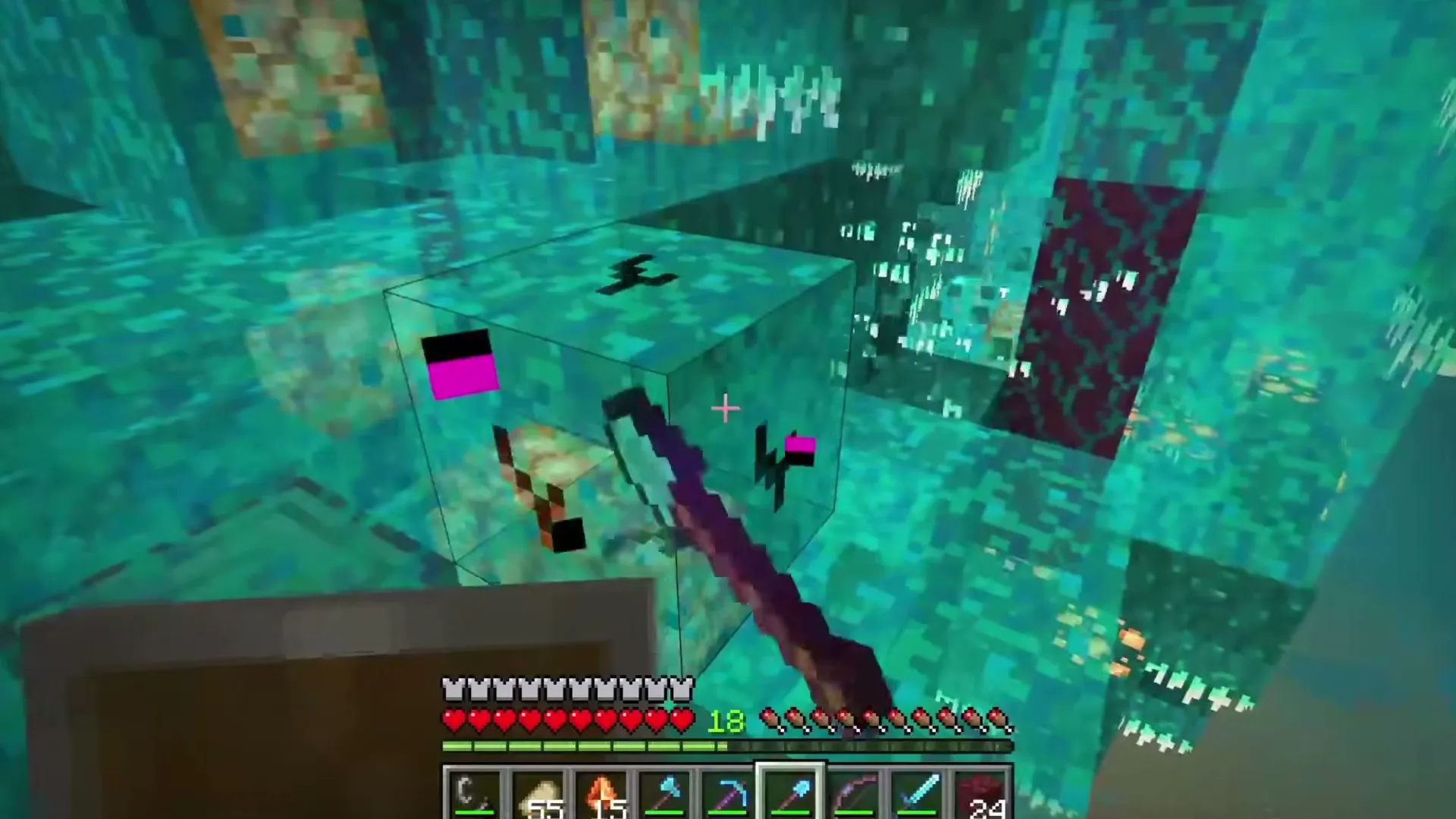 Tempered in Flame addon: Player holding sword in underwater cave