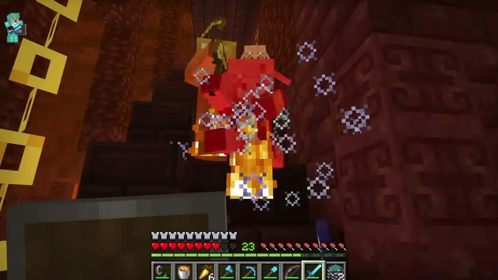 Tempered in Flame addon: Player holding red shield in dungeon