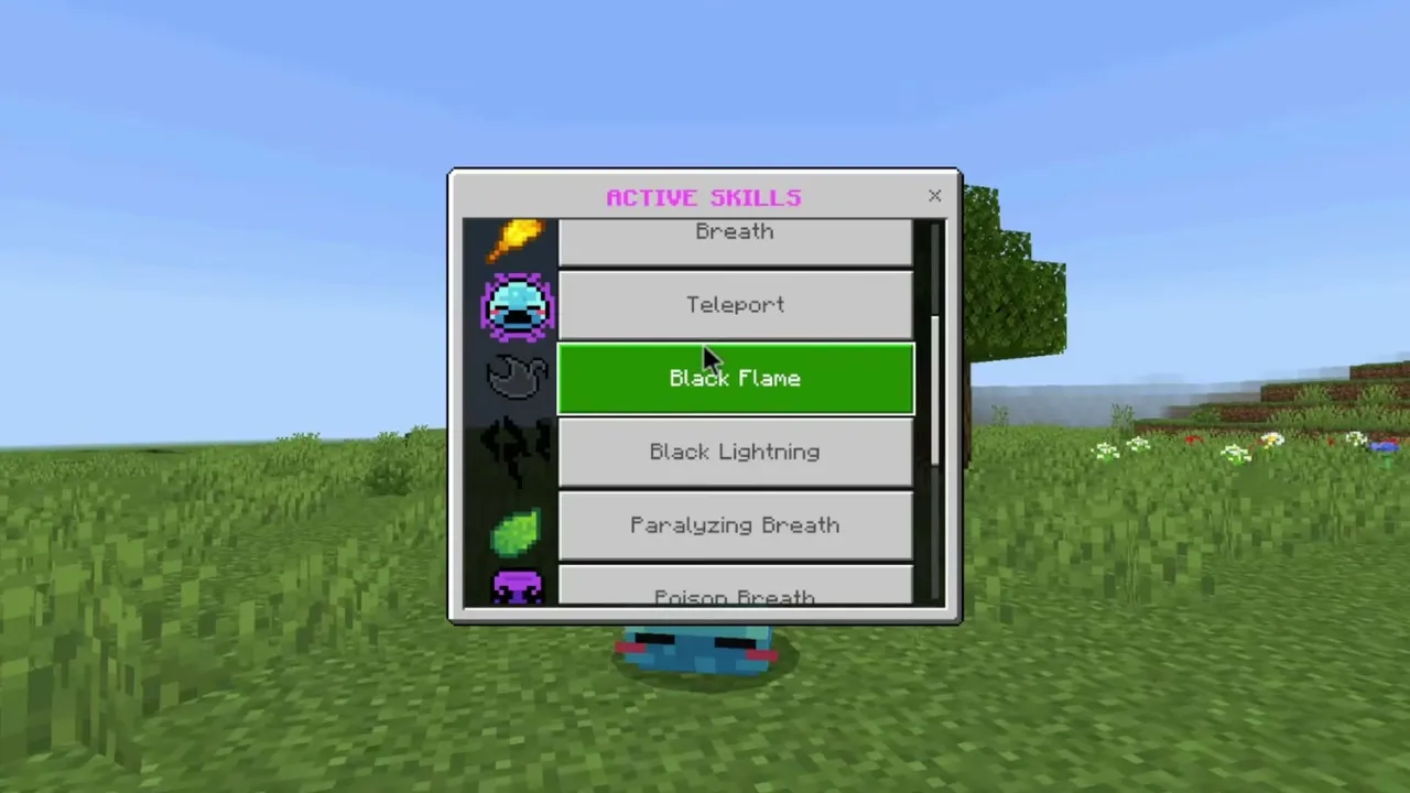 Tensura No Mine Addon: Active skills menu with Black Flame selected