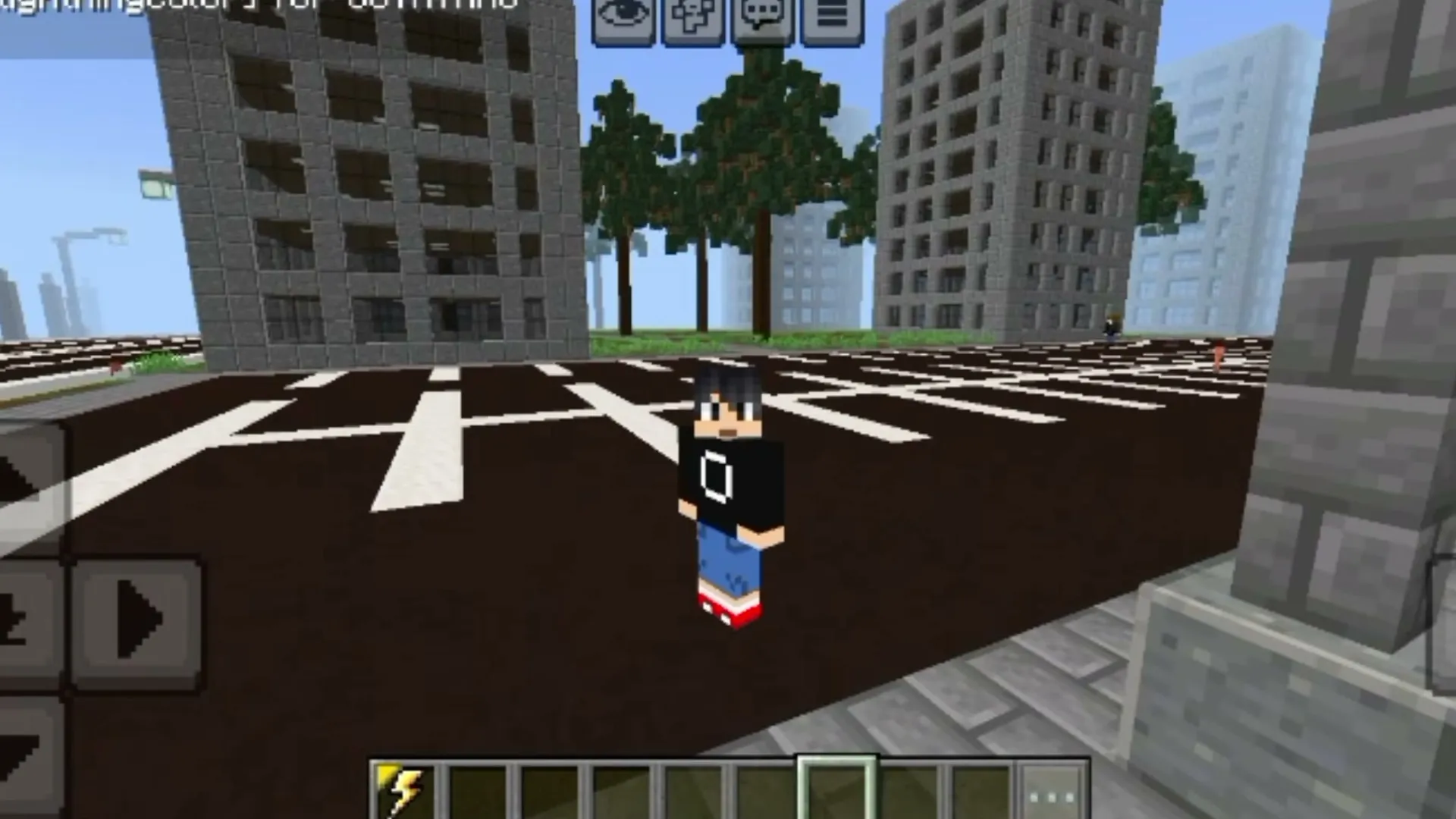 The Flash addon for Minecraft PE: Player standing on road between tall buildings