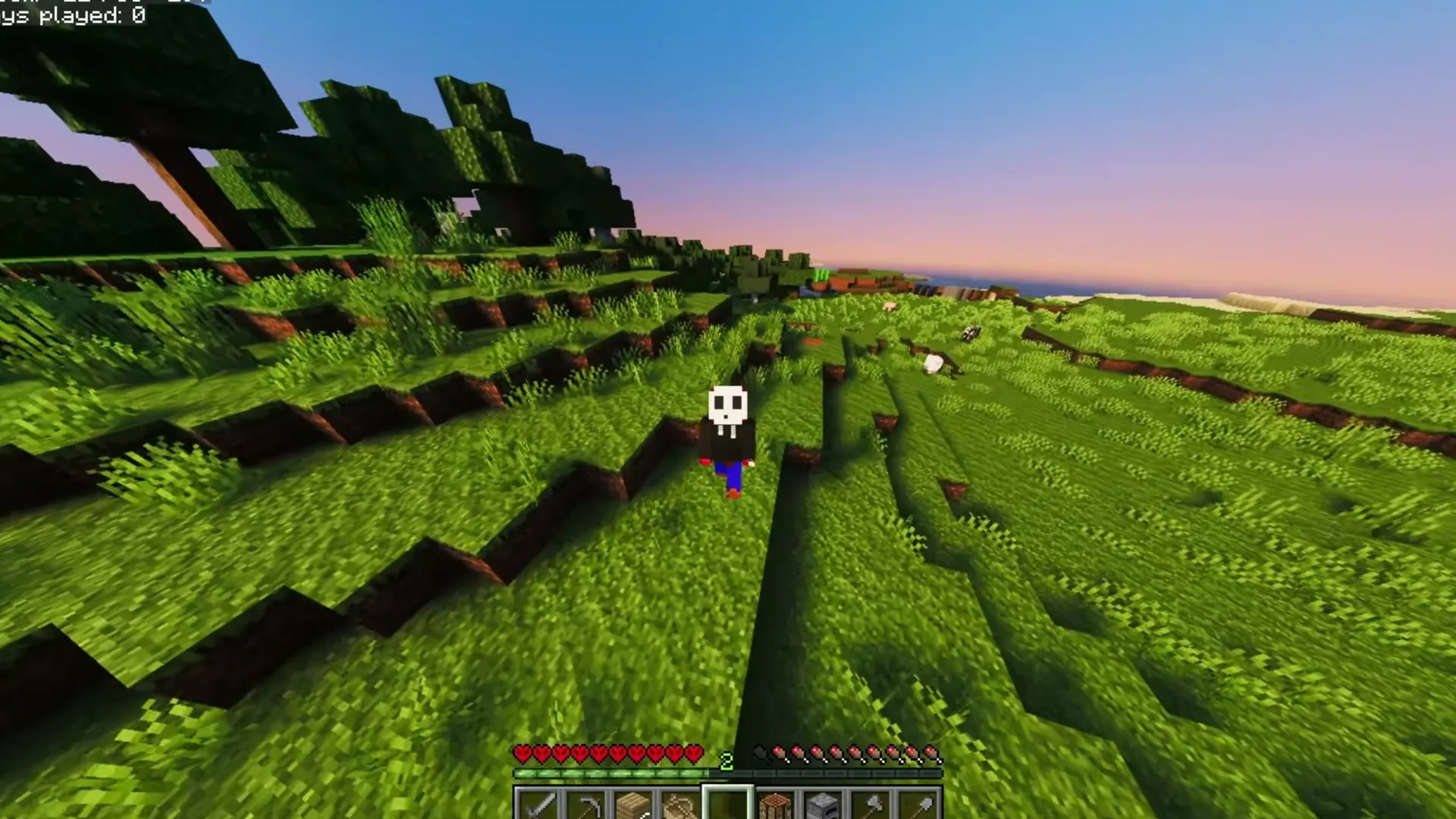 The Pale Crawler addon for Minecraft PE: Player walking on grassy hills