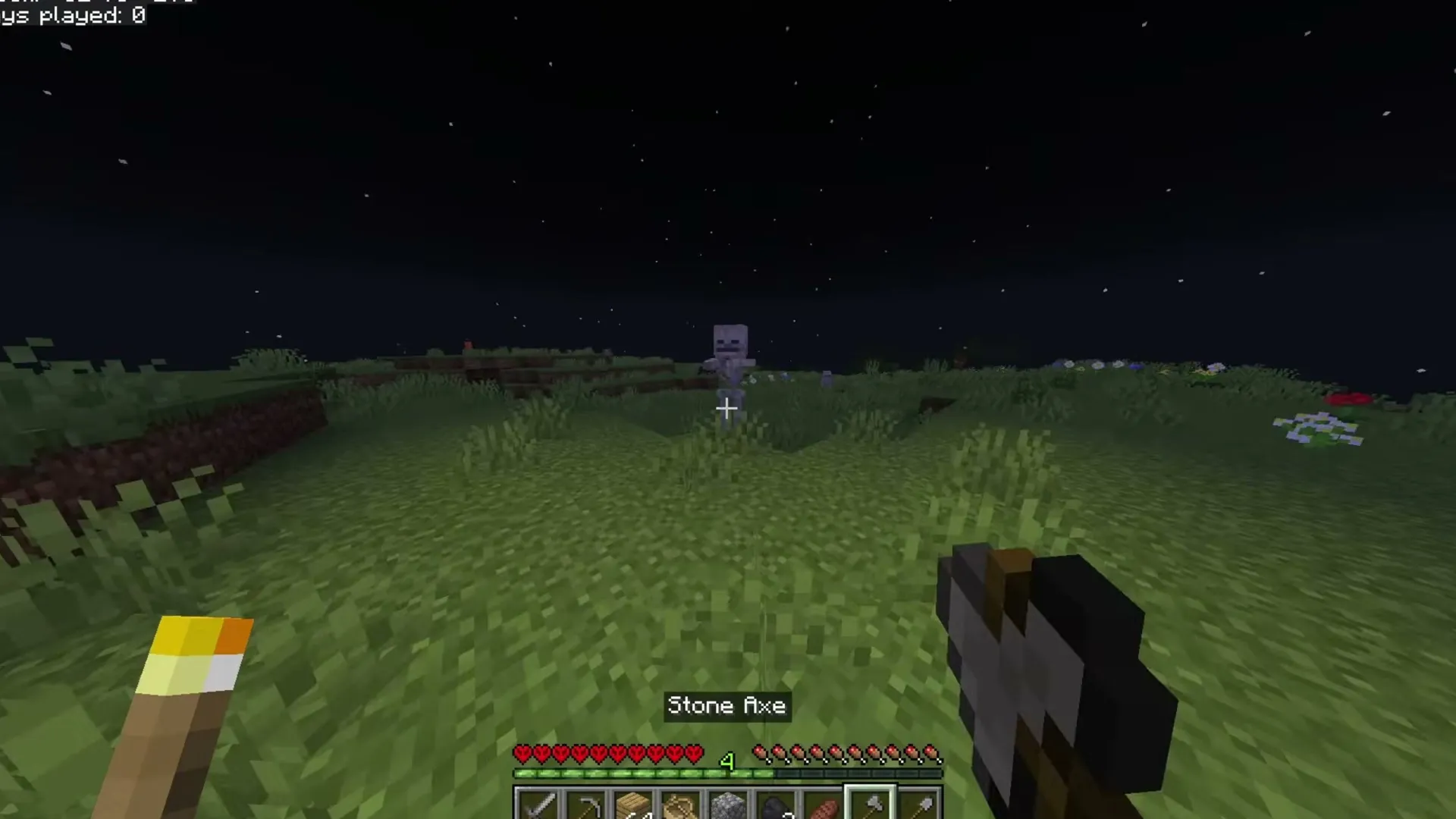 The Pale Crawler addon: Stone axe held by player facing skeleton at night