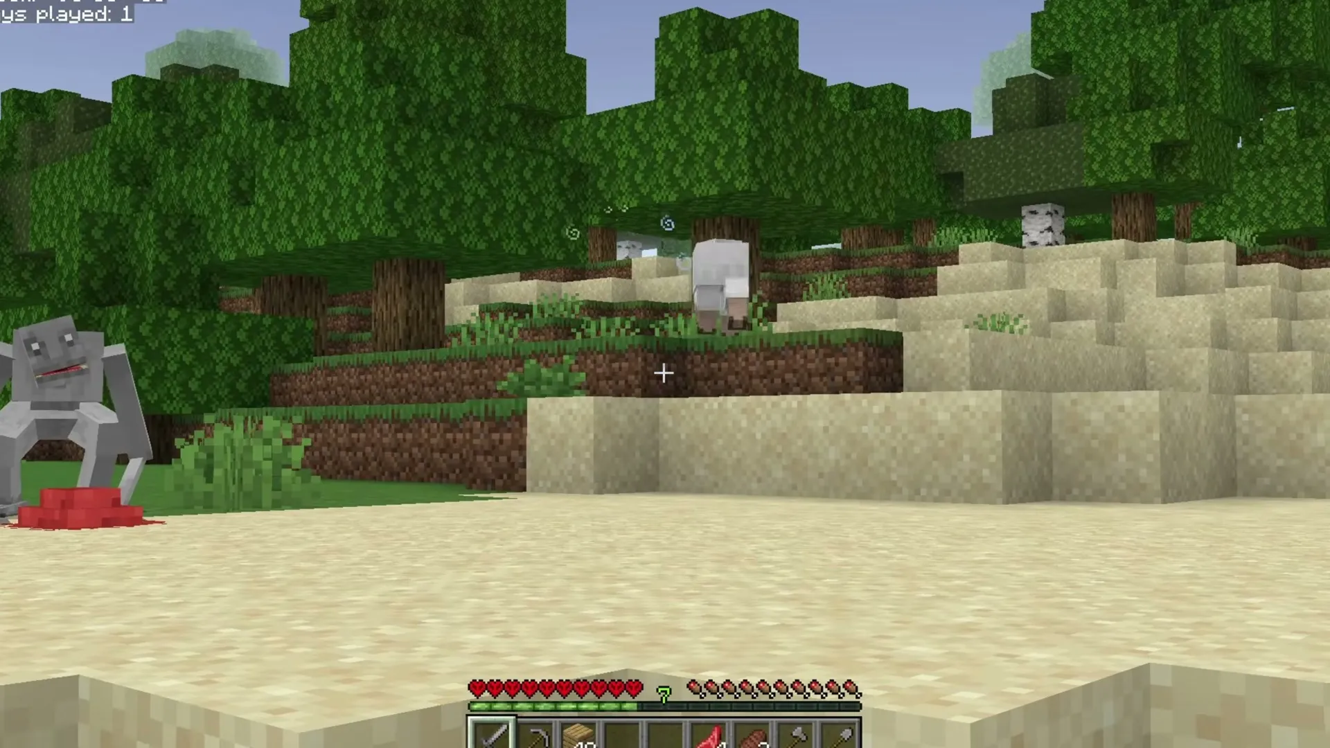 The Pale Crawler addon: Red pig and gray creature in grassy area