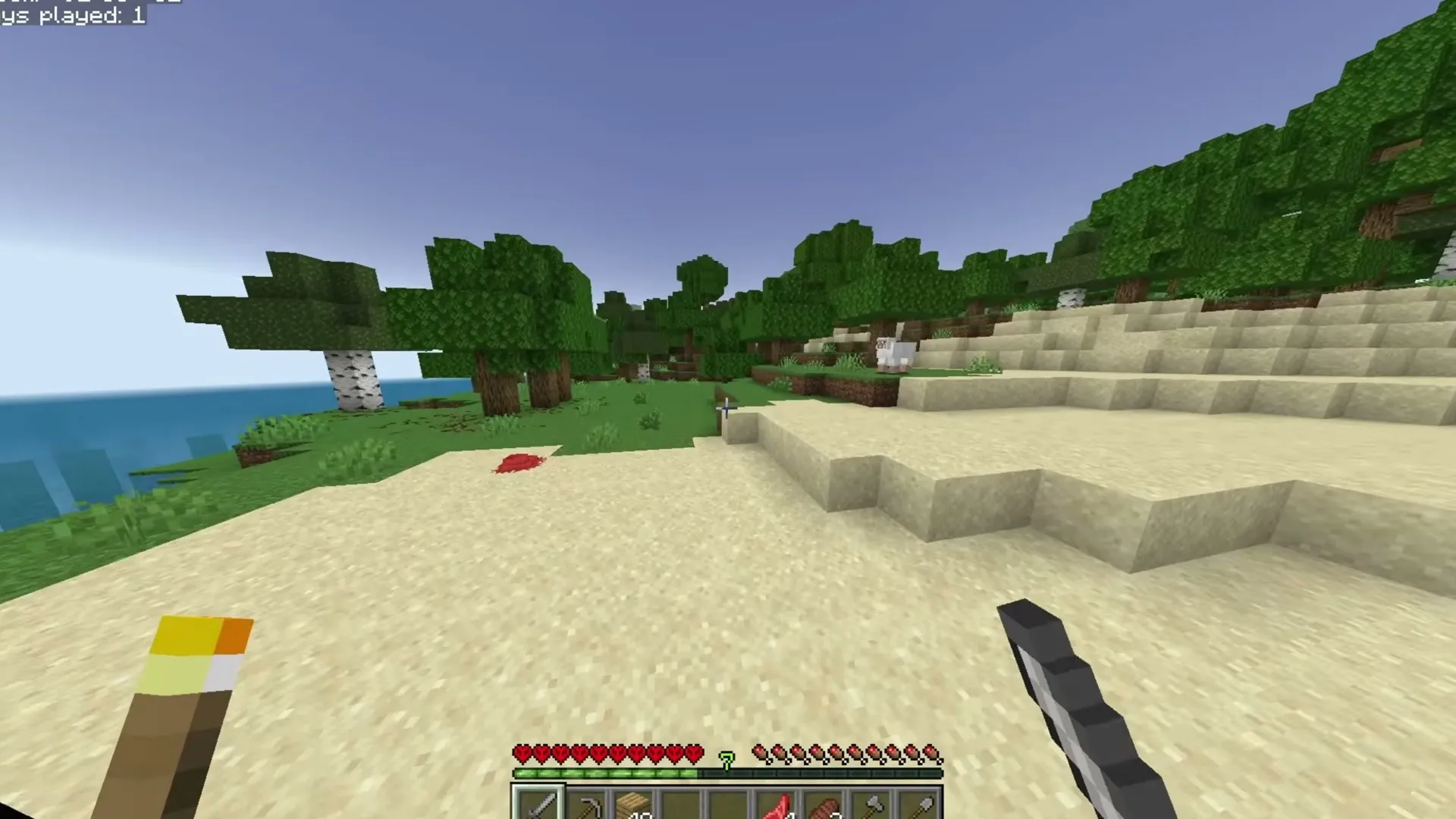 The Pale Crawler addon: Player holding torch on sandy beach near trees